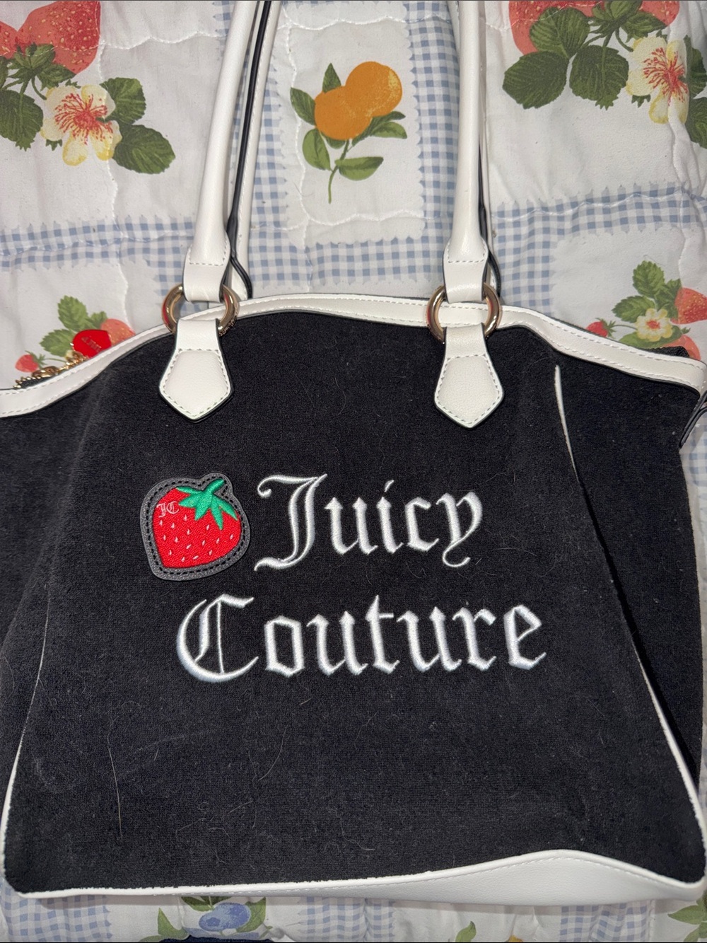 Juicy Couture Black Tote with White Trim and Strawberry Patch